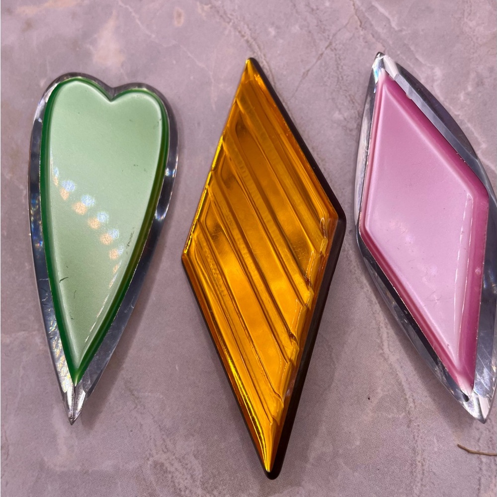 3 Colorful Geometric Acrylic Brooch Set. Heart, Diamond, and Parallelogram. 80’s